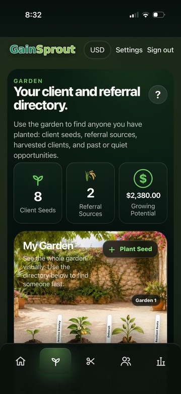 GainSprout dashboard showing client seeds and referral sources