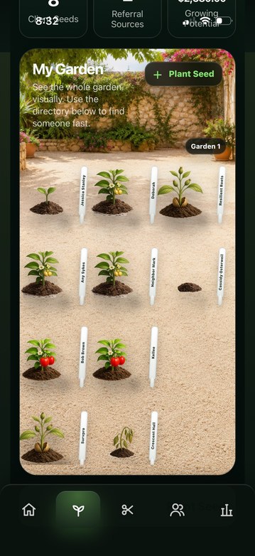 GainSprout garden view showing multiple planted opportunities