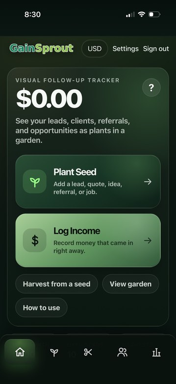 GainSprout home screen showing Plant Seed and Log Income