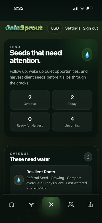 GainSprout tend screen showing seeds that need attention